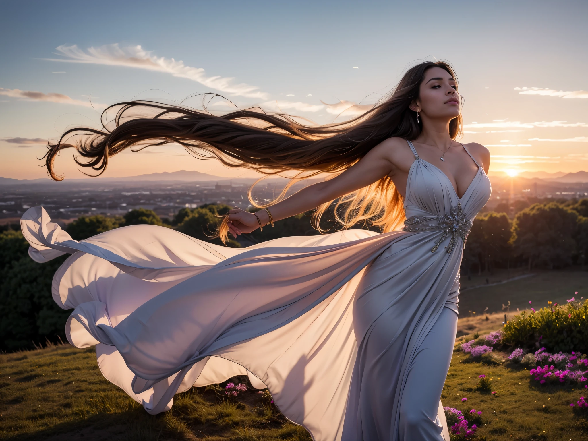 A majestic woman soaring gracefully through the sky, with long flowing hair trailing behind her. She wears an elegant, flowing gown that ripples in the wind, shimmering with shades of blue and silver. Her outstretched arms give the impression of freedom and strength, with perfect hands elegantly poised. The sky around her is a brilliant mix of sunset colors—orange, pink, and purple—casting a magical glow. Wispy clouds float around her, and the light from the setting sun highlights her serene, yet sad and melancholic face. She flies over a lush medieval garden, filled with vibrant flowers and ancient stone pathways. The overall scene is ethereal and dreamlike, capturing a moment of pure liberation and beauty, while maintaining a SFW image.