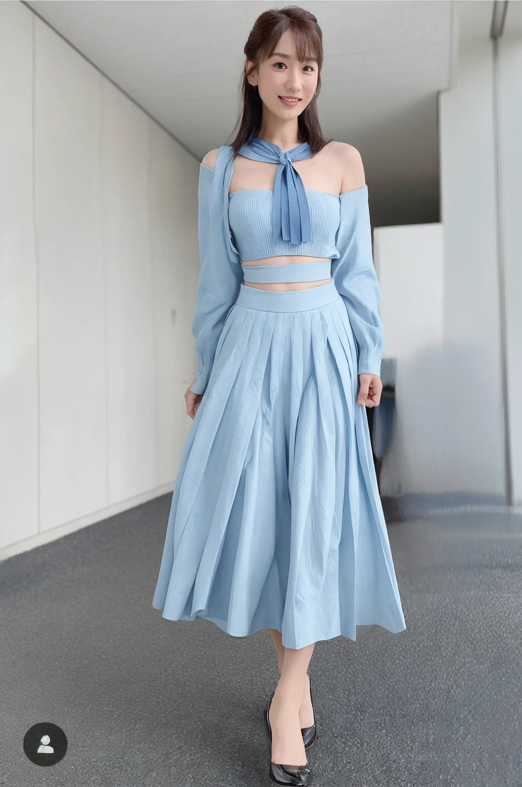 detailed background, masterpiece, best quality, 1 person , curly hair, long hair, purple eyes, star in eye , light blue color Strapless blouse, long  skirt 