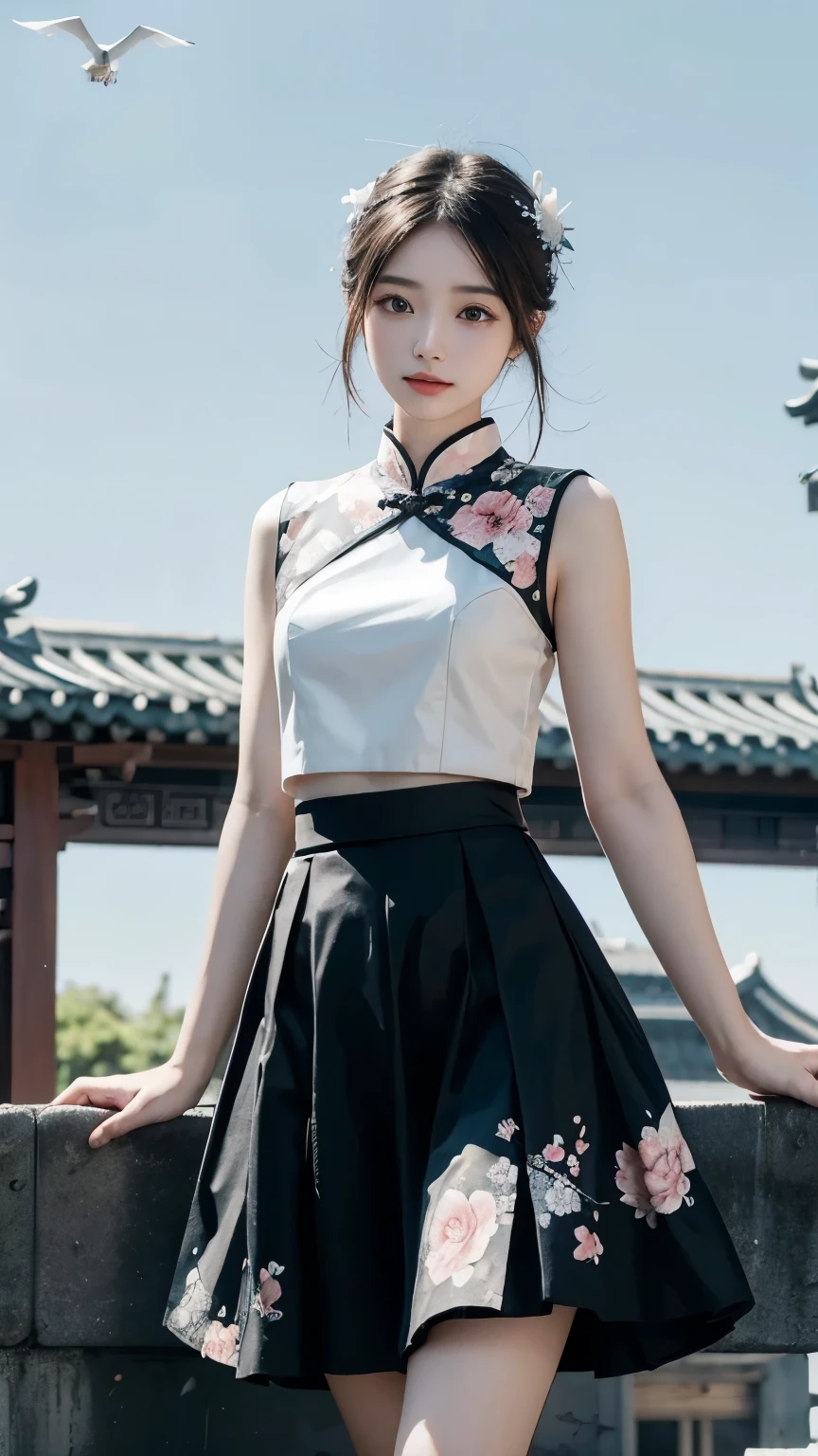 Chinese female college students,Fairy Costume,Crane accessories,A flock of cranes is flying in the sky in the background,Black and white floral skirt,((best quality)), ((masterpiece)), (detailed)