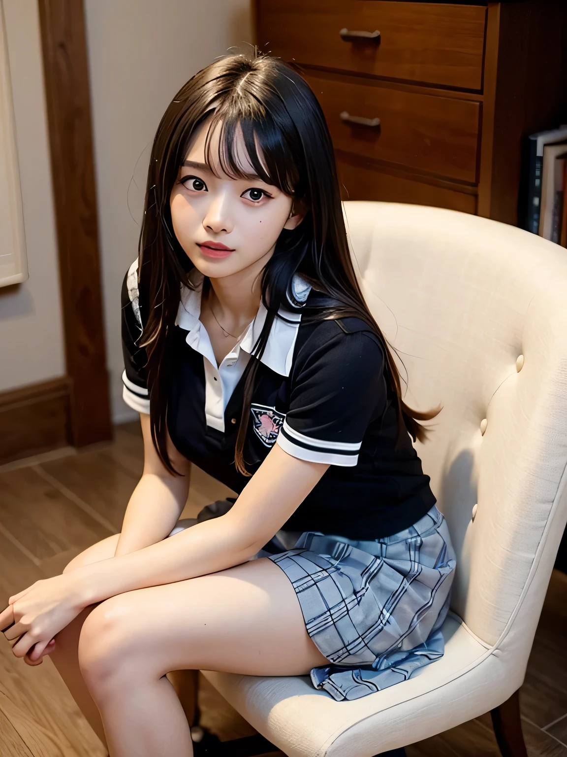 Bright expression、Photorealism、highest quality、Ultra-high resolution、photograph、Photograph of the most beautiful Scandinavian girls、Cute and beautiful face details、Small face、(Facing the children_v1:0.008)、Beautiful bangs、Alice in Wonderland、、(Thighs Thighs Thighs:1.2)、Esbian all over、Glowing White Skin、Hair gets tangled in the face、Bangs that reach down to the face、bangs、Hair between the eyes、Super long hair、Attractive brown, super long, straight, silky hair、Thin Hair、Beautiful bright, clear, light blue, large eyes that are charming and shining、(school uniform, Short sleeve shirt:1.2)、eyeliner、Sitting in a chair、double eyelid、Ample breasts、Dynamic pose