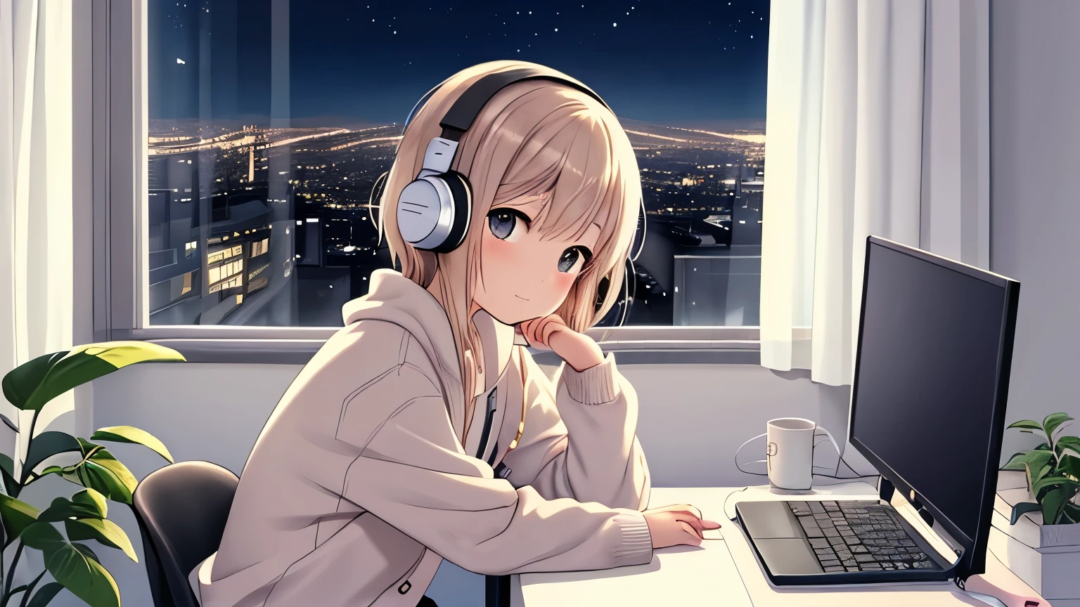 Lo-fi music-themed illustration, anime illustration of a young woman wearing headphones and sitting at a desk at home looking at a PC screen, a room with a soft, warm and cozy atmosphere, what you can see from the window is a gently glowing night cityscape, a woman with a calm expression on her face, concentrating on her PC