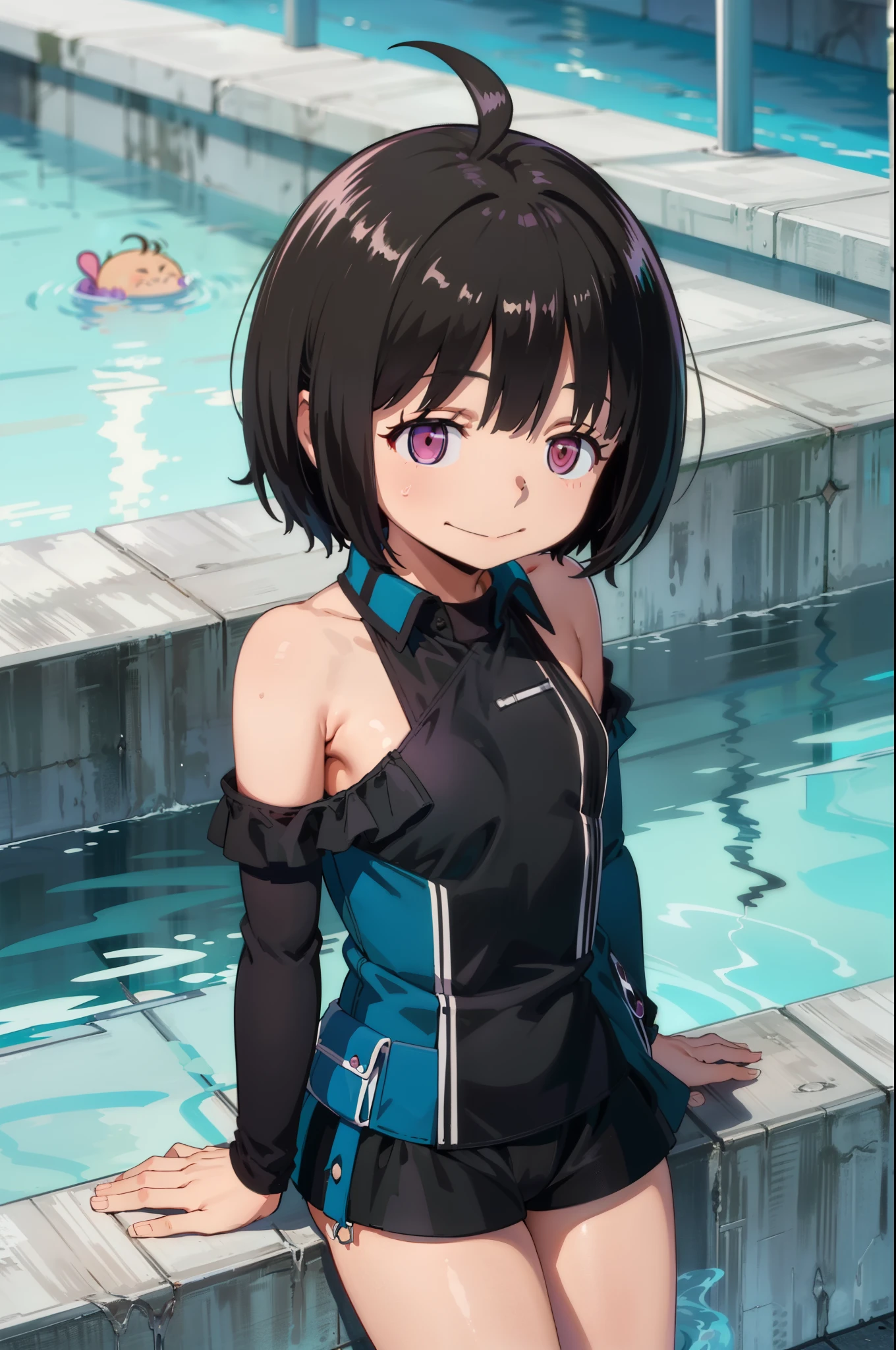 (masterpiece, best quality;1.2), (nsfw, loli), World trigger style, Amatori_Chika, (1girl, solo), looking at viewer, (black short hair, ahoge), purple eyes, smile, (blue frilled swimsuits, bare shoulder), short black shorts, poolside