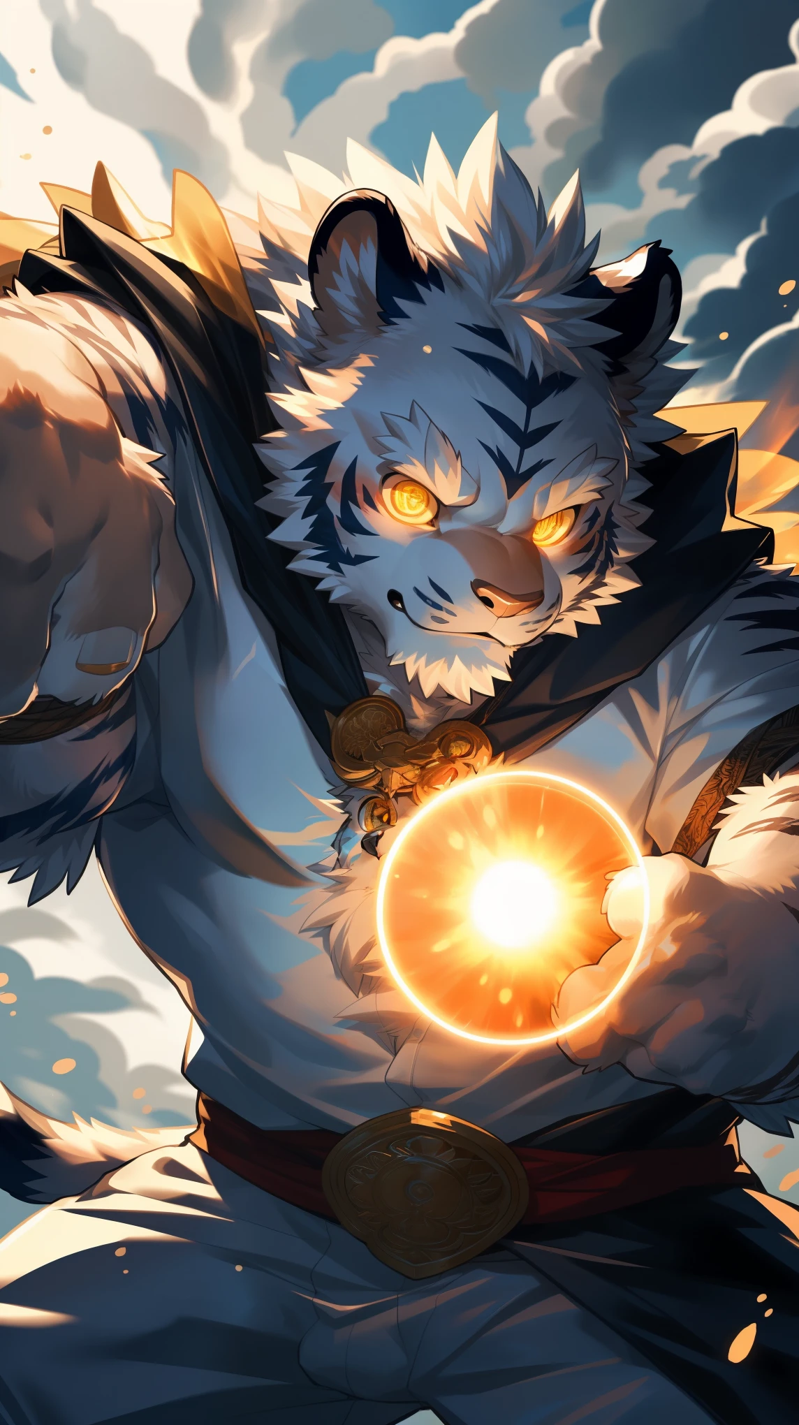 (Dynamic poses:1.6), (ultra deTailed), Clear focus, Niji, Eye contact, (glowing golden pupils:1.4), hairy, (fur:1.3), White Stripes, anthropology (Tiger), male, middle aged, White belly, Tail, muscular, (knight clothing, Long green cloak), ultra deTailed face, high deTails, high quality, (best quality, 4k, 8K, High resolution, masterpiece:1.2), Bright colors, (close up:1.5), author：Takemoto Arashi, By Camille, From milkytiger1145, by 69panda, Dark Souls boss style, Energy explodes around the body, (Golden Halo:1.3), Bloodstained, Dynamic Lighting, Ominous atmosphere, Eerie fog, The existence of threats, Full of horror atmosphere, Dark and Tortured Souls, (enchanted deTail of colors), 8K wallpaper, yang08K, Looking at the audience with fierce eyes