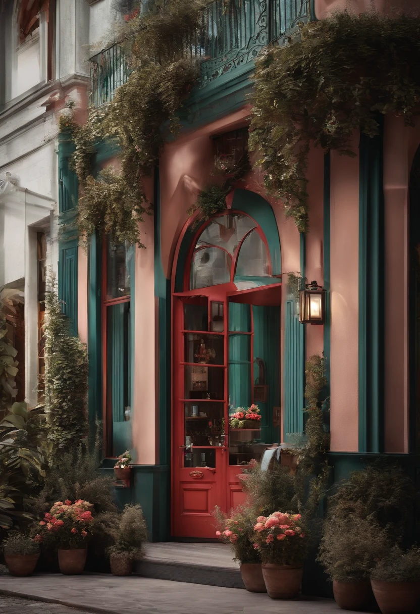Architecture exterior of mini cafe with shabby chic theme and big windows