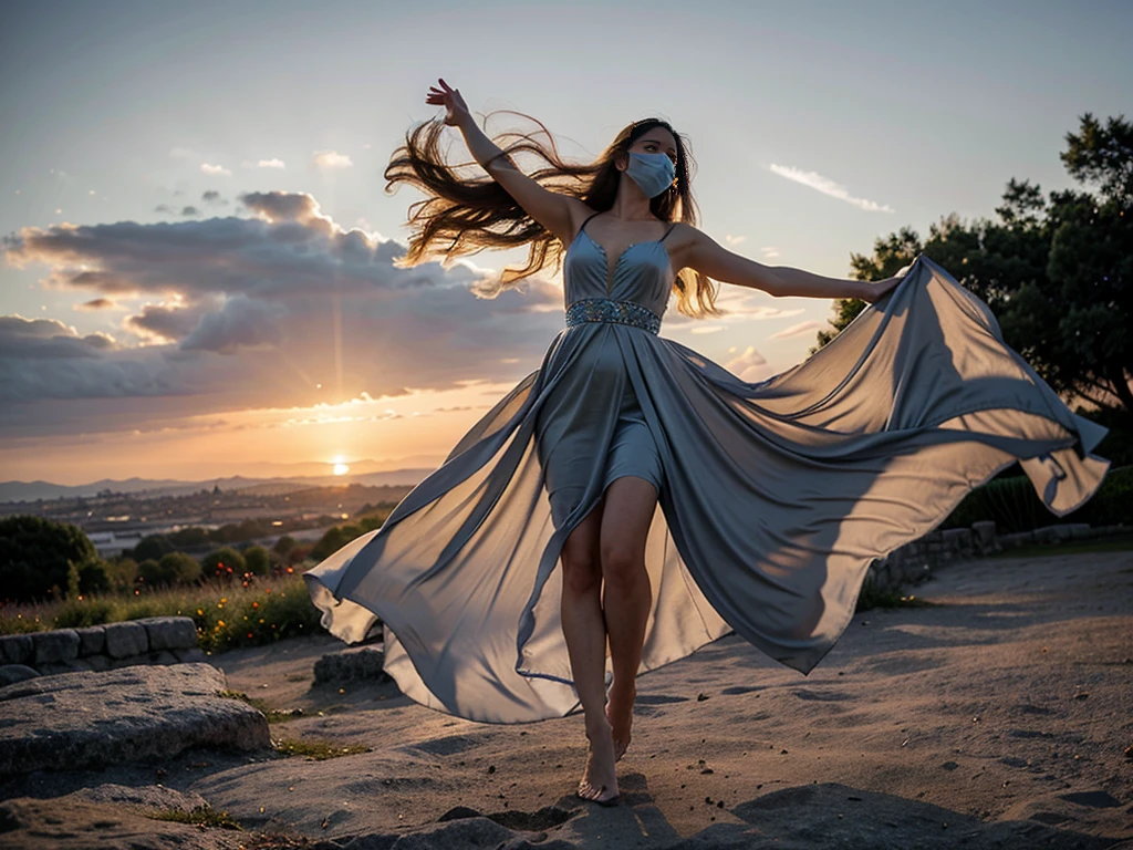 A majestic woman soaring gracefully through the sky, with long flowing hair trailing behind her. She wears an elegant, flowing gown that ripples in the wind, shimmering with shades of blue and silver. Her outstretched arms give the impression of freedom and strength, with perfect hands elegantly poised. Her body is anatomically perfect, exuding grace and beauty. The sky around her is a brilliant mix of sunset colors—orange, pink, and purple—casting a magical glow. Wispy clouds float around her, and the light from the setting sun highlights her serene, yet sad and melancholic expression, partially hidden behind a golden mask that covers her face. She flies over a lush medieval garden, filled with vibrant flowers and ancient stone pathways. The overall scene is ethereal and dreamlike, capturing a moment of pure liberation and beauty, while maintaining a SFW image.