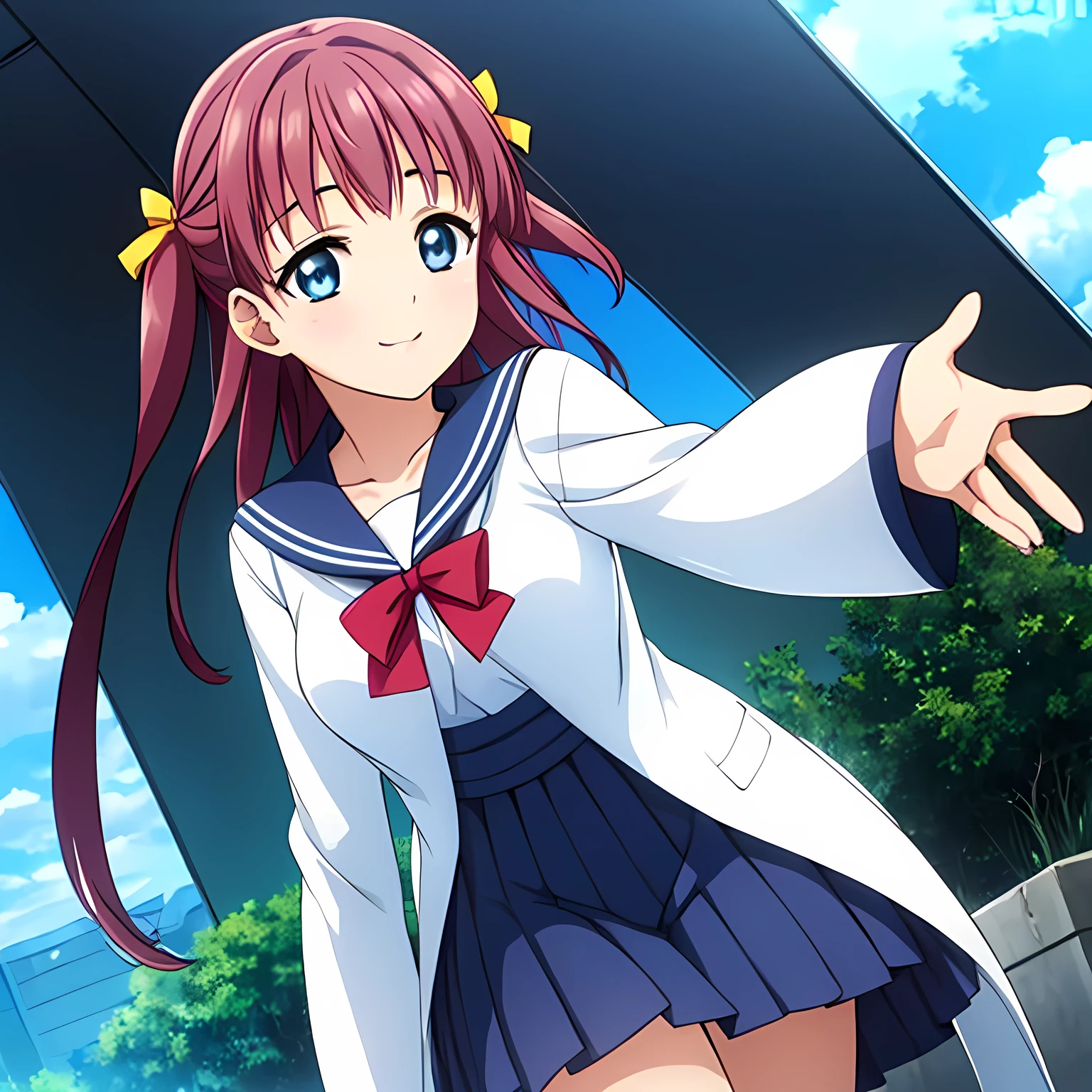 (highest quality, masterpiece:1.2), highest quality, High resolution, 1080p, 8K, CG of the heroine of a beautiful girl game, Height: 158cm, A beautiful woman with a smile falls upside down from the sky like an angel, A face that everyone loves, Glossy lips, Even bangs, Double, Long eyelashes on both the top and bottom, Big wide blue eyes, The very large and thick yellow ribbon bowtie is very cute., Beautiful, shiny red long hair, A long, neat, dark navy pleated skirt, (((A long-sleeved sailor uniform for winter, entirely dark blue))), (The sailor uniform is dark blue all over, from the chest to the sleeves.), Ribbon in hair, Thick calves, Tight waist, ((Many navy blue pleated skirts falling from the sky)), Approaching the viewer with open arms, ((Talking to the audience、god々Trying to kiss you)), Very holy God of the sky, Shooting from below