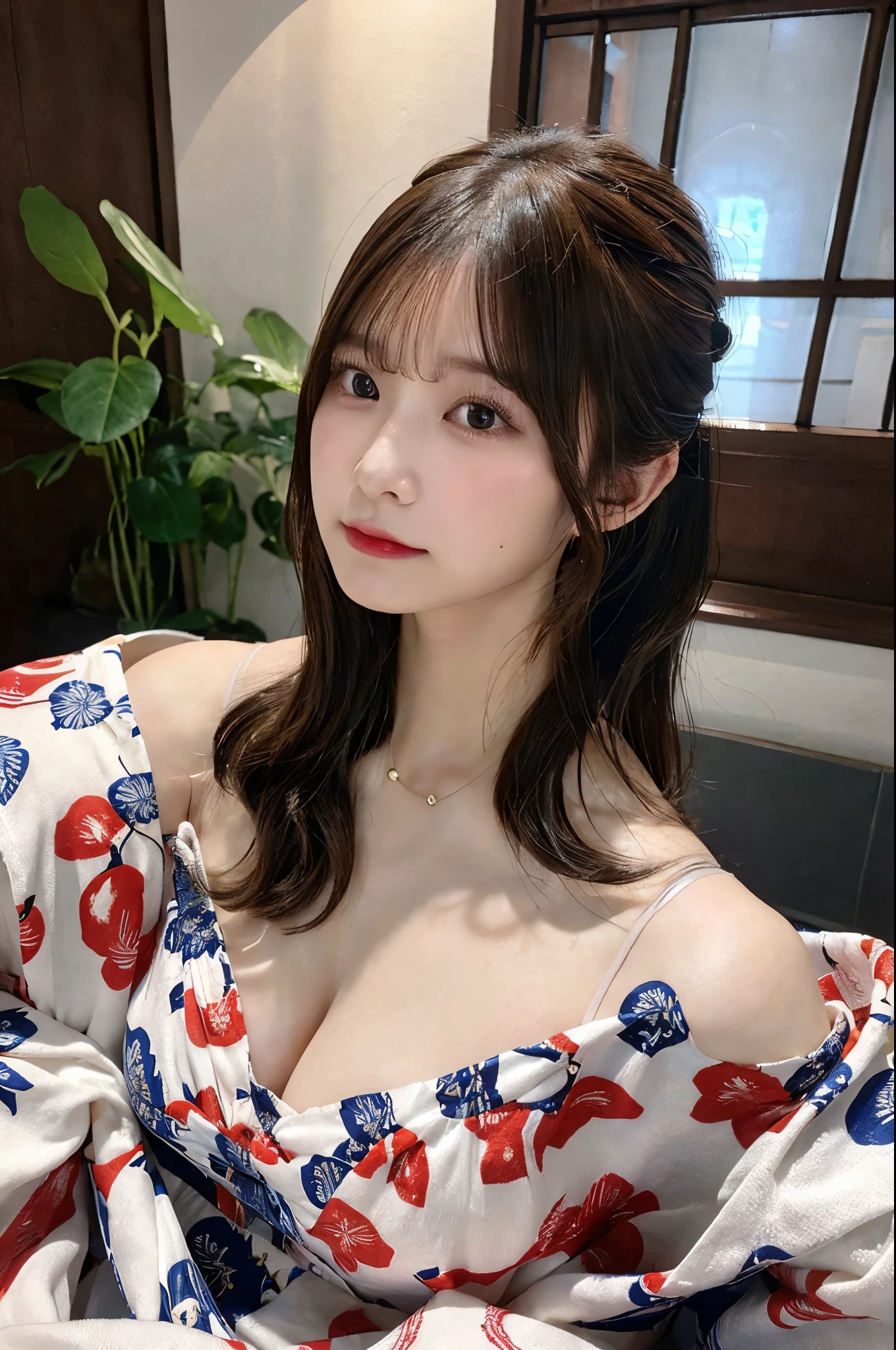 Angle from below、Beautiful collarbone、Very large breasts、Cleavage、A woman lying on a futon、Taking off a lot、A yukata with delicate patterns、Shiny hair、Ponytail hair、No makeup、(masterpiece、8K,RAW Photos、High resolution:1.4)、Enhances the feminine soft look、 Reveal complex textures and patterns. Using the Canon EOS R6 Mark II with the Sigma 50mm f/1.4 DG HSM Art Lens、シーンのあらゆるニュアンスがHigh resolutionでキャプチャされます。