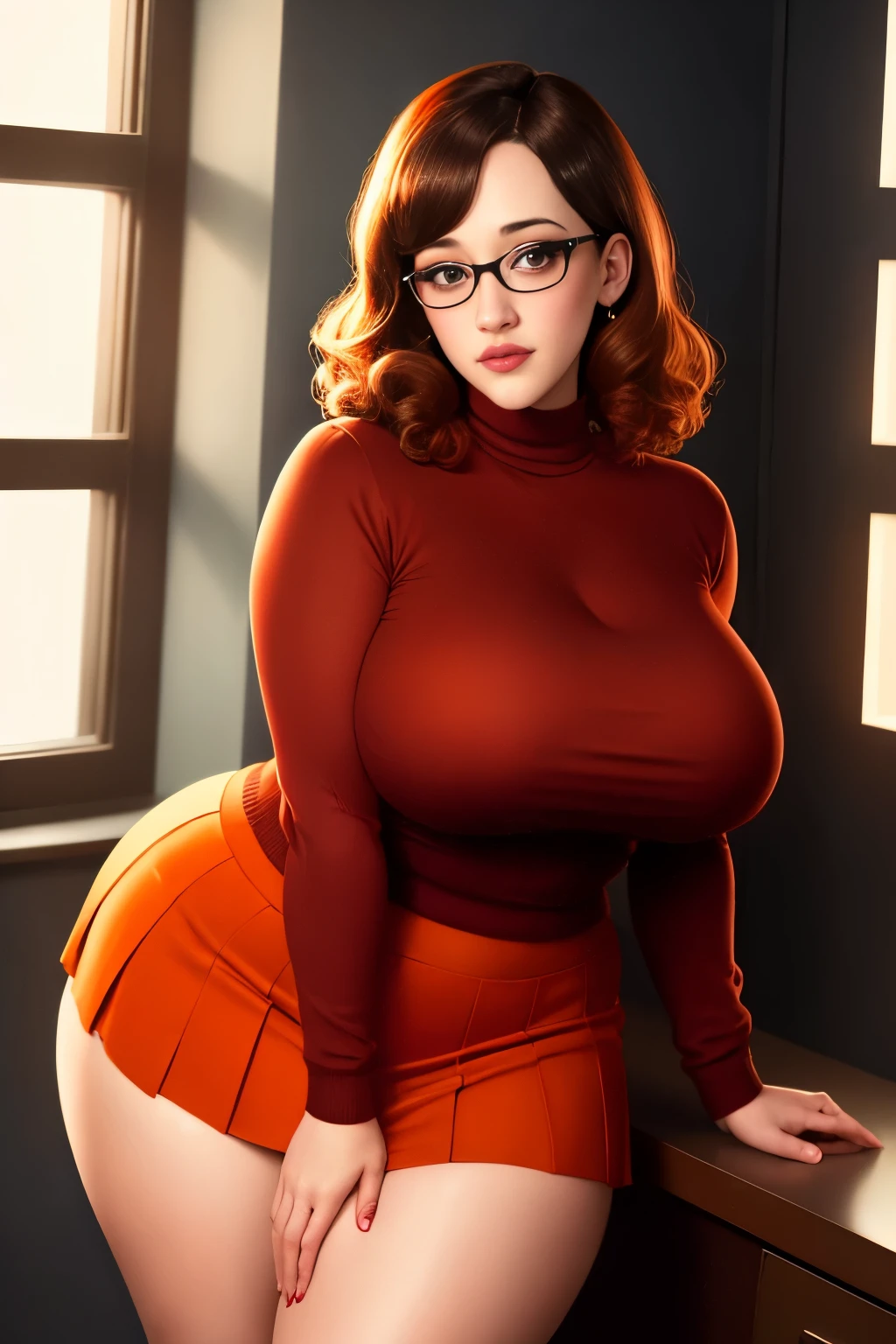 (Kat Dennings:1.3) is a very sexy Velma dace dinkley, 1girl, large breasts, brown_eyes, brown bob cut, glasses, big breasts, lips, looking_at_viewer, orange turtleneck sweater, very tight orange sweater, short_hair, very tight turtleneck, orange turtleneck sweater, dark red pleated skirt, very short skirt, pleated red miniskirt, thicc, juicy hips, bbw, facing viewer, pin up, thirst trap, , boob window, cleavage