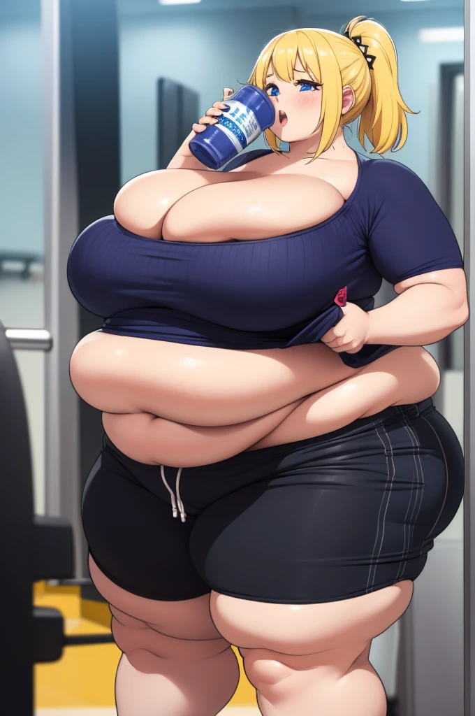 make yellowhaired ssbbw fat girl in too tight shorts she's drinking shake at the gym