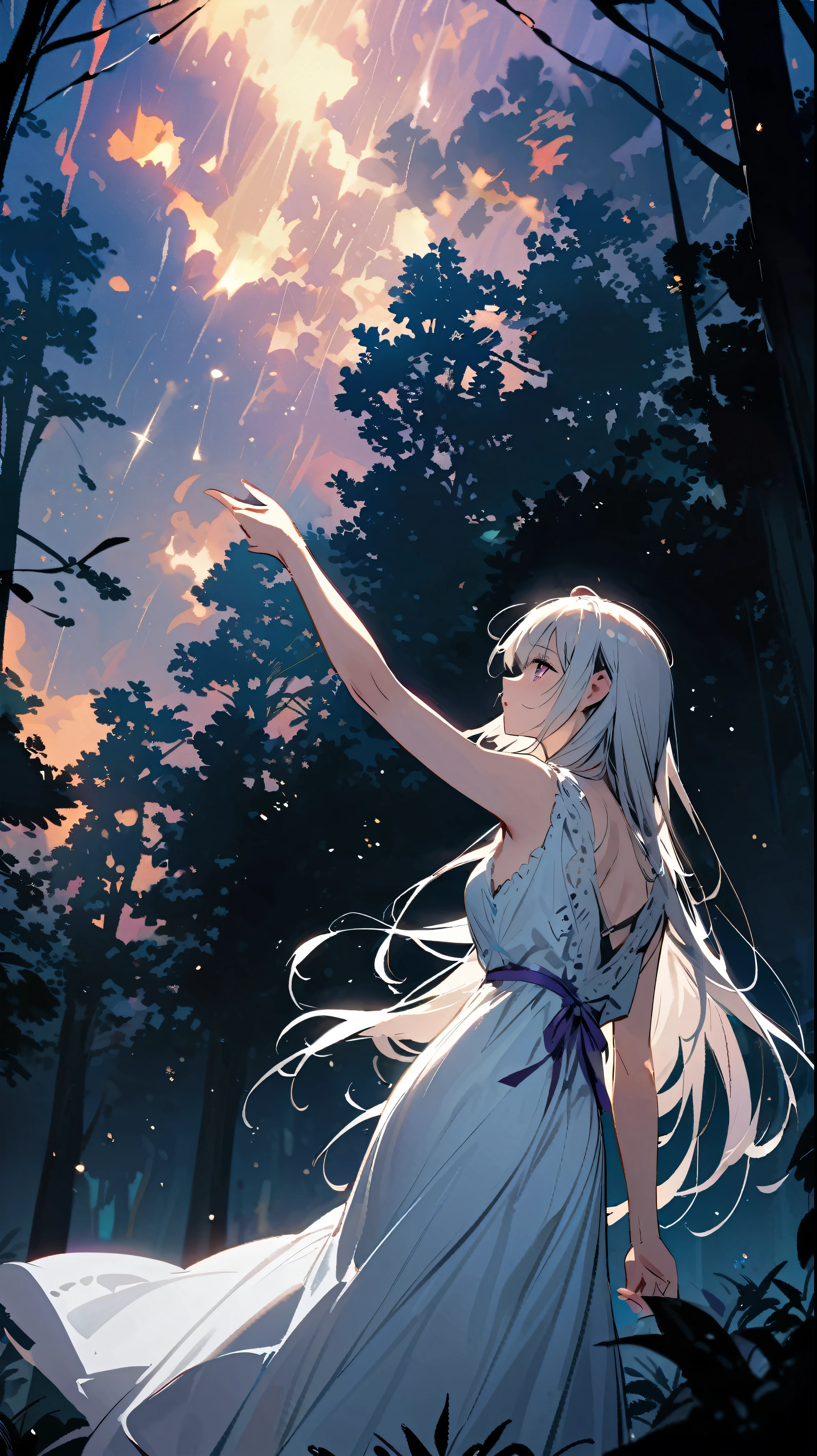 Picture a beautiful 30-year-old woman looking at a rainy sky with thunderstorms.. she wore a white dress. She also has white hair and a purple ribbon on the back of her head.. She has long hair, Tie only one strand back and let the rest fall naturally.. she is standing in the forest, Looking up at the starry night sky, One hand reaches out to the sky, And tears fell from her purple eyes.. All of this was filmed next to him..
