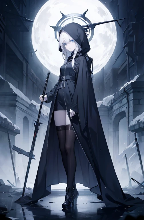 poker face，Calm Eyes，Inorganic skin，Pale skin，stand，Long white straight hair，My hair turned white，Gray Hair，Blue eyes，Shining Eyes，Woman hand highlighting，beginner，Woman&#39;s face，Normal finger，Human finger，There is a grey ring on the head，The shape of the halo has an element of death，Black Death Scythe，Death Scythe, transparent like black crystal，He wears a black cloak of death that covers his entire body.，He wears a black death hood covering his head.，Black spots on the face，Ark of tomorrow，Ark of tomorrow style，alone，masterpiece，Very detailed and beautiful 2D elaborate painting style，very delicate and delicate，8K High Resolution，CG wallpaper，High resolution，Bad milk，Small breasts，Small breasts，alone，Black spots on the face，A body decorated with the elements of death, During pregnancy