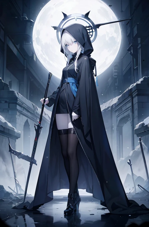 poker face，Calm Eyes，Inorganic skin，Pale skin，stand，Long white straight hair，My hair turned white，Gray Hair，Blue eyes，Shining Eyes，Woman hand highlighting，beginner，Woman&#39;s face，Normal finger，Human finger，There is a grey ring on the head，The shape of the halo has an element of death，Black Death Scythe，Death Scythe, transparent like black crystal，He wears a black cloak of death that covers his entire body.，He wears a black death hood covering his head.，Black spots on the face，Ark of tomorrow，Ark of tomorrow style，alone，masterpiece，Very detailed and beautiful 2D elaborate painting style，very delicate and delicate，8K High Resolution，CG wallpaper，High resolution，Bad milk，Small breasts，Small breasts，alone，Black spots on the face，A body decorated with the elements of death, During pregnancy