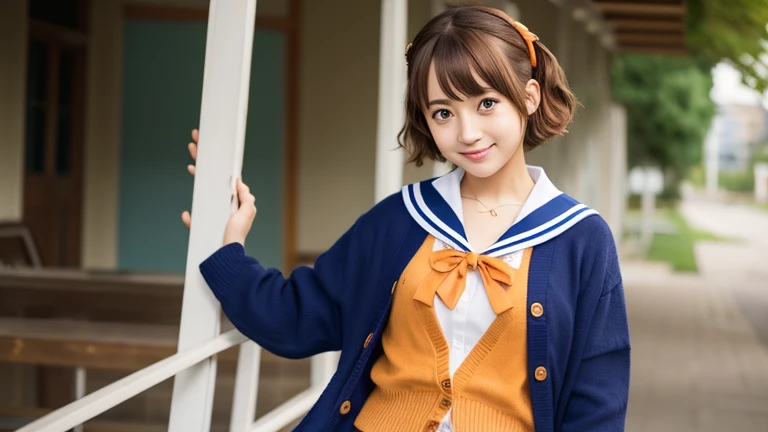 Kyoani Haruhi style, One girl, alone, north high , Sailor collar, , blue Sailor collar, Brown Hair, serafuku, cardigan, Brown eyes, Medium Hair, Armband, ribbon, hair band, Open your mouth, open cardigan, Parody, hair ribbon, orange hair band, brown cardigan, smile, Open clothes, short hair, ((masterpiece))