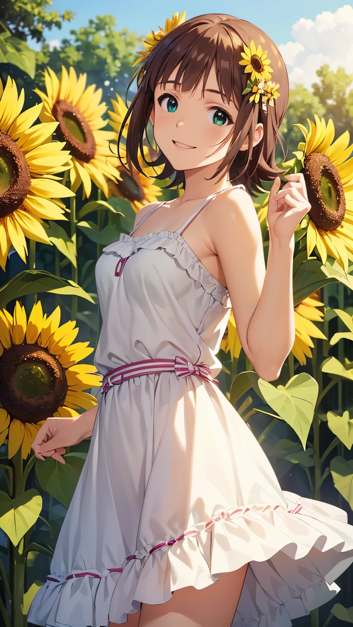 CG, unity, 8k, wallpaper, highest quality, masterpiece, 1girl,alone, solo,dress,pretty,masterspiece,Cute and beautiful girl,haruka amami,(smile:1.2),cowboy shot,avant-garde string camisole dress,braided sandals,The background is a colony of sunflowers,Sunlight sparkling,best lighting, complex pupils, complex textile, realistic skin texture,low angle