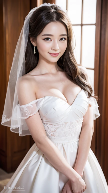 Young girl in wedding dress and updo, Off-shoulder neckline, and a long veil. her face is young and innocent, Looks like a . She looks at the camera with a playful expression. Detailed artwork with vivid illustrations, Realistic colors, Capture every detail. The medium of digital painting, Guaranteed best quality and high resolution (4K or 8K). soft and romantic lighting, creating a dream-like atmosphere. The overall color is warm and gentle................, Highlight the joy and beauty of your wedding scene.frontage、full body Esbian、A smile