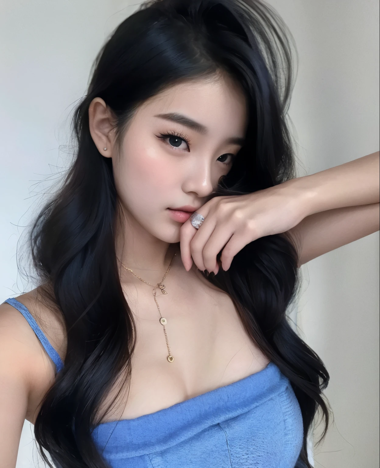 Close up of woman with long dark hair wearing blue dress, korean, linda mulher korean jovem, Mulher sul-korean bonita, Best Face, Beautiful asian girl, mulher korean jovem bonita, Asian features, woo sision, Jinyoung Canella, young cute white asian face, asian girl, Jenny Blackpink, asian girl with long hair, Shentong Chen, Chinese