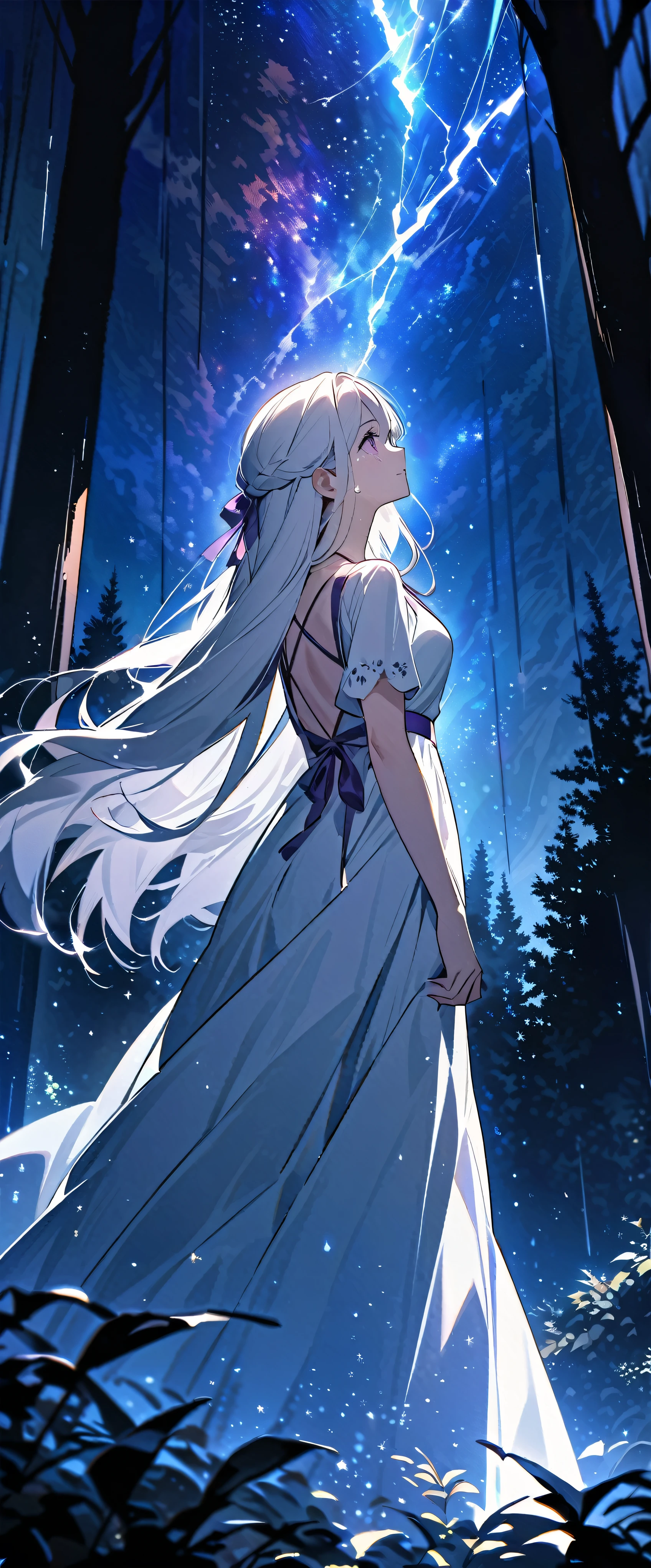 Picture a beautiful 30-year-old woman looking at a rainy sky with thunderstorms.. she wore a white dress. She also has white hair and a purple ribbon on the back of her head.. She has long hair, Tie only one strand back and let the rest fall naturally.. she is standing in the forest, Looking up at the starry night sky, One hand reaches out to the sky, And tears fell from her purple eyes.. All of this was filmed next to him..
