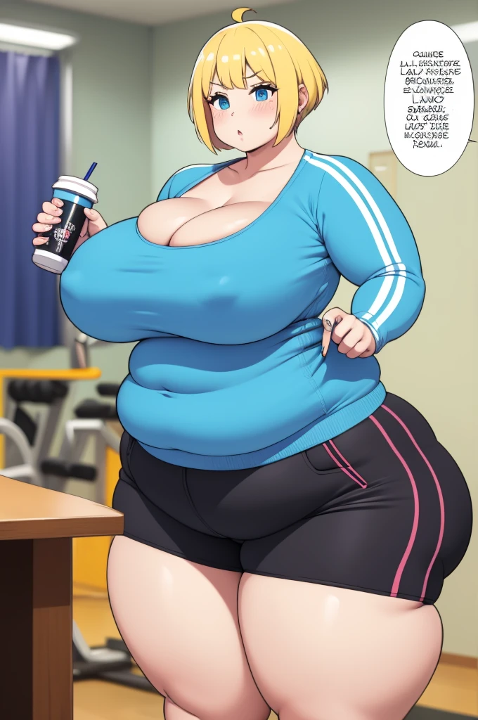 make yellowhaired ssbbw fat girl in too tight shorts she's drinking shake at the gym