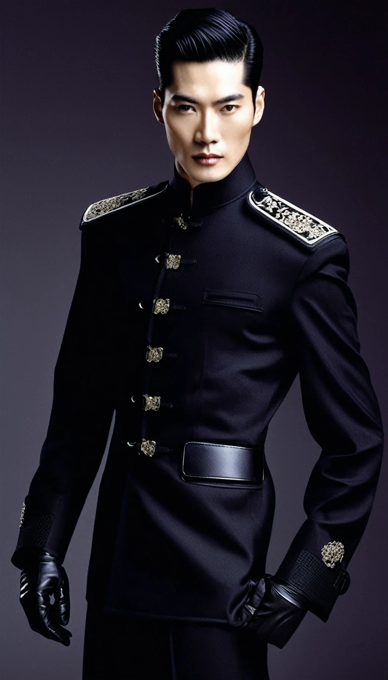 Avant-garde and elegant Chinese handsome men in tight combat uniforms,Black tight-fitting top,Handsome guy with a muscular body,serge lutens is a world-renowned artist and perfumer,Its fashion、The impact of beauty and fragrance is unparalleled。His artistic style is both elegant and、Avant-garde and mysterious,Breaking the traditional boundaries,Create a unique aesthetic background:Lots and lots of weapons