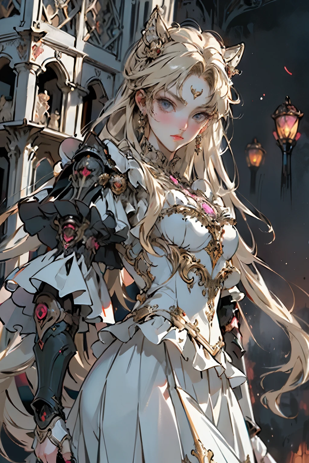 (masterpiece, masterpiece_portrait:1.2),solo,1girl,alternate costume,looking at viewer,highres,Fantasy,brush,curvy,green_eyes,curly_hair,long_hair,Blonde_hair,hime_cut,single_braid,large_breasts
