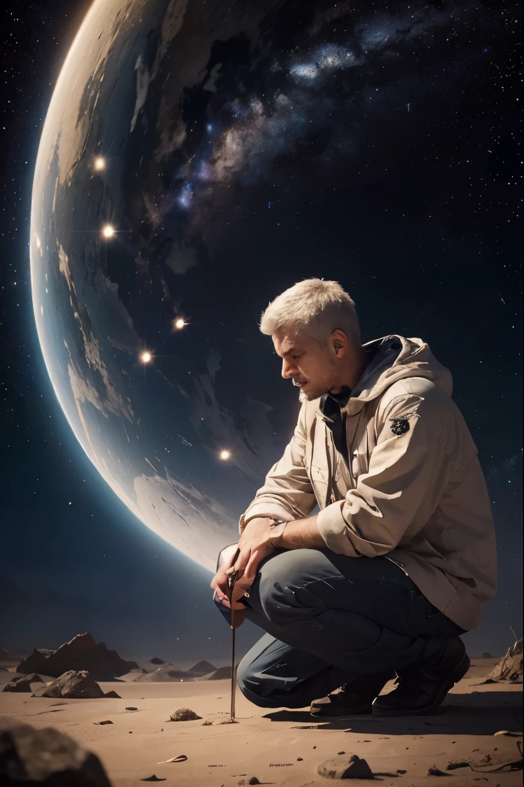 Velho ajoelhado diante de Deus, head down, entre as estrelas, universo ao fundo, interestelar