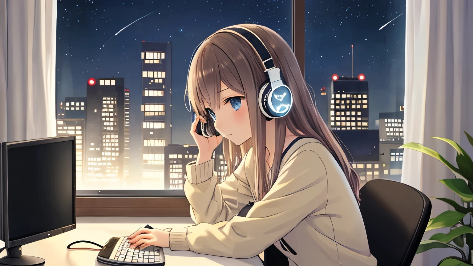 Lo-fi music-themed illustration, anime illustration of a young woman wearing headphones and sitting at a desk at home looking at a PC screen, a room with a soft, warm and cozy atmosphere, what you can see from the window is a gently glowing night cityscape, a woman with a calm expression on her face, concentrating on her PC