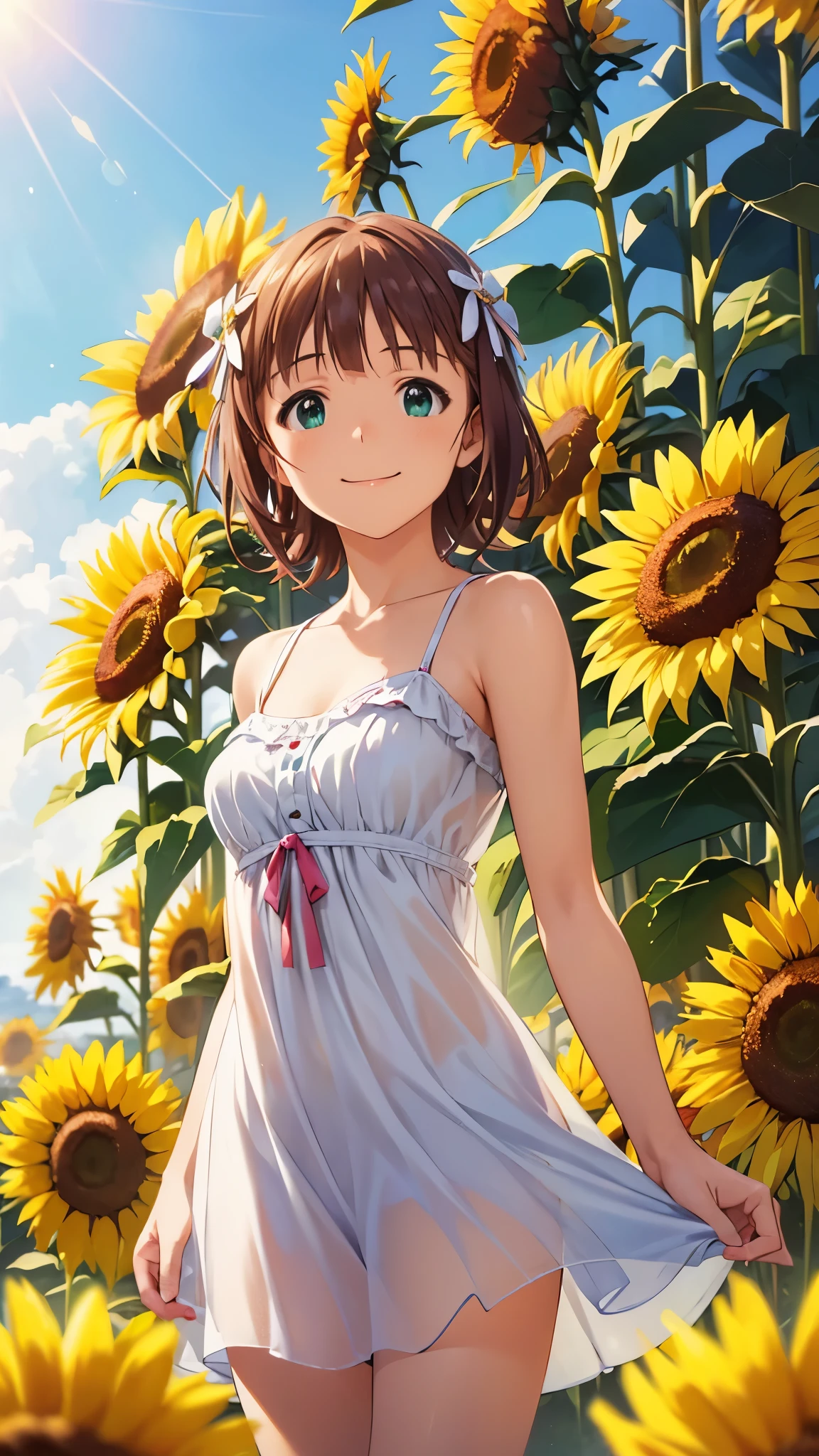 (masterpiece, best quality:1.2), 1girl,alone, solo,dress,pretty,masterspiece,Cute and beautiful girl,haruka amami,(smile:1.2),cowboy shot,avant-garde string camisole dress,braided sandals,The background is a colony of sunflowers,Sunlight sparkling,realistic skin texture