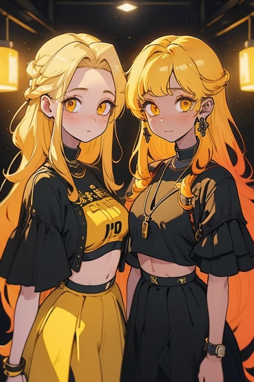 2 girls, twins, gorgeous yellow & orange dreadlocks hair, tall, wearing crop top dresses, (best quality,4k,8k,highres,masterpiece:1.2),ultra-detailed, HDR,UHD,studio lighting,ultra-fine digital art,sharp focus,physically-based rendering,extreme detail description,professional,vivid colors,bokeh,portraits,digital art
