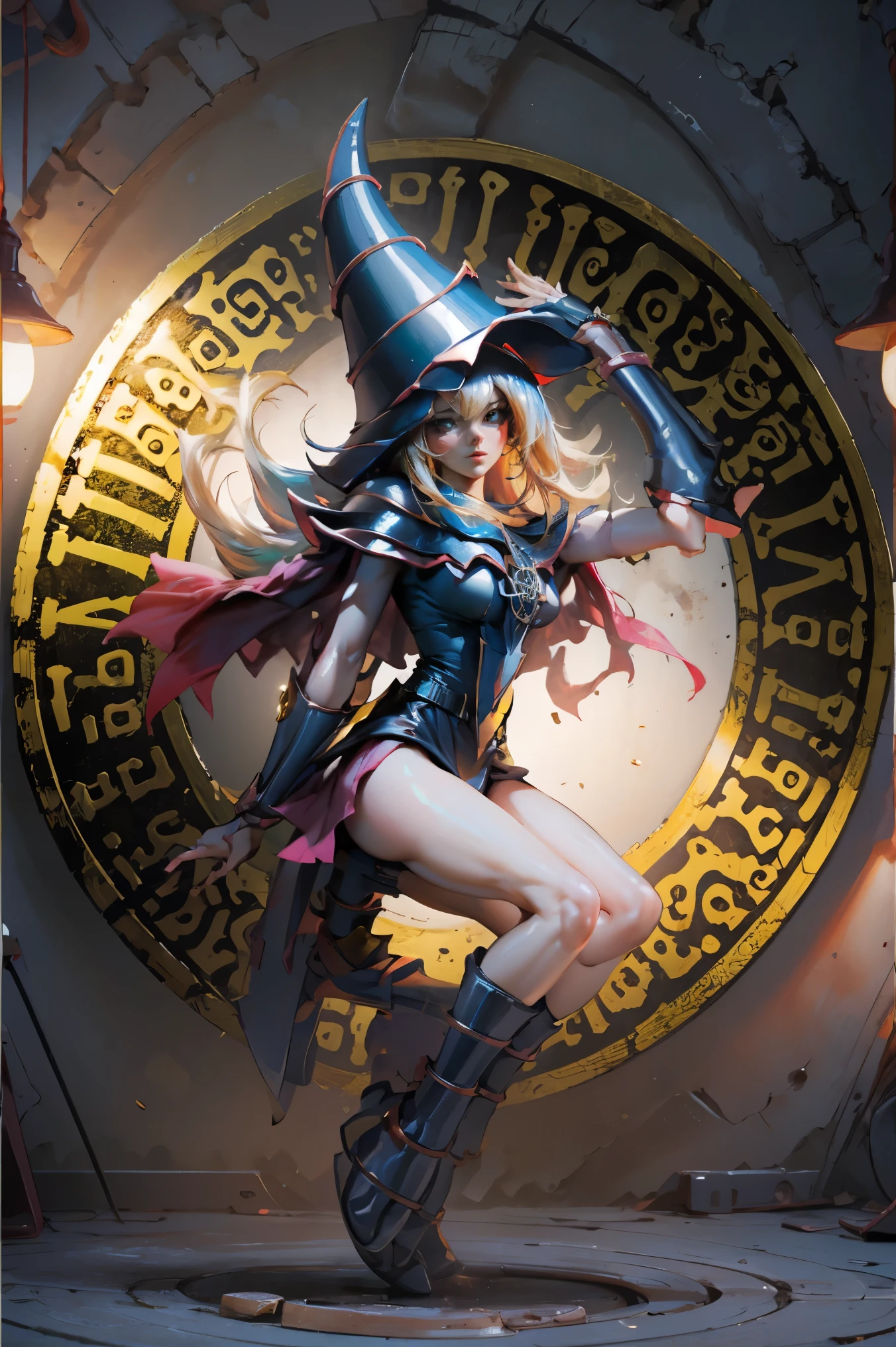(Obra maestra:1.2), (La mejor calidad:1.2), perfect lighting, Chica Maga Oscura lanzando un hechizo, En sus veinte, flotando en el aire, tetas grandes, escote, bata azul, sombrero grande, desde arriba, Destellos, Yugioh juego, magic of the heart. luces del corazon, Romantic heart