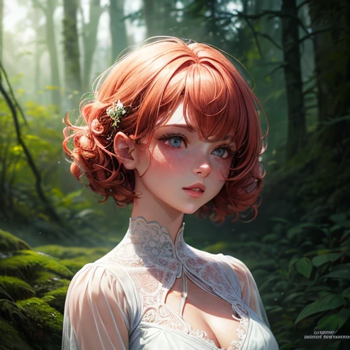 Cute woman in the drizzle, (elegant, Beautiful Face), Transparent white dress, Forest Moss, (freckles:0.8), Flower Field, , Curly Red Hair, Magical atmosphere, (short hair), ((Detailed skin, Skin Texture)), Ultra-detailed, (Exquisitely crafted, Fine details, Ultra-detailed), Ray Tracing, Scattered beneath the surface, (Fantasy underworld in the background), Diffused and soft lighting, Shallow depth of field, by (by Oliver Wetter),