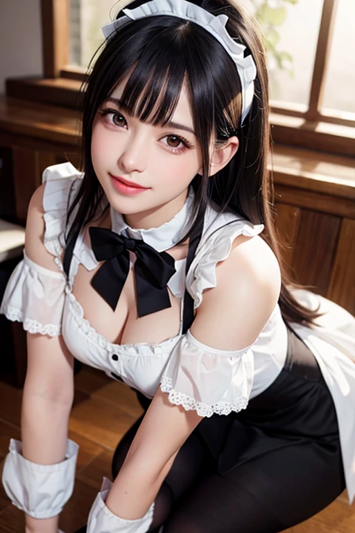 
Close-up of a woman wearing a maid outfit, smile, laughter, off shoulder, no sleeves, making a heart shape with finger,  masterpiece, realistic, sharp focus, (realistic:1.3), ultra high res, 8k, RAW photo, best quality, detailed shadow, amazing, finely detail, sharp focus, (shine light on face:1), (Volumetric lighting:1.4), 1 girl, long hair, black hair, large breasts, heart-shaped face,Full lips,(maid:1.4), black pantyhose, loafers, standing, cafe, from below, looking at viewer