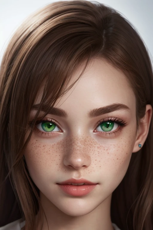 Portrait, 1 european sexy girl, from the front, very naughty look, freckles, perfect face, puffy fleshy mouth, very little nose, pointy nose, symmetric eyes, highly detailled glossy eyes, pupil symmetric surroundings, green eyes, ginger eyebrows, fine little eyebrows, ginger dark hair, straight, tanned skin, background bokeh, ultra high definition, 8k, sharp focus, studio lighting, ultra high detailled, hyperrealistic, deviant art.