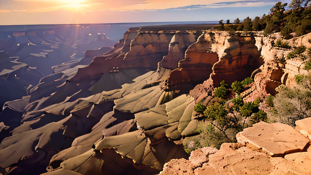 Advertising photo, panoramic wide angle shot, at grand canyon, full view, shoot from top of rock of plateau in front,  overlooking the mountain & valley, , enjoy the scene, 8k photorealistic,  8k photorealistic, in dawn with the sun just rise at far