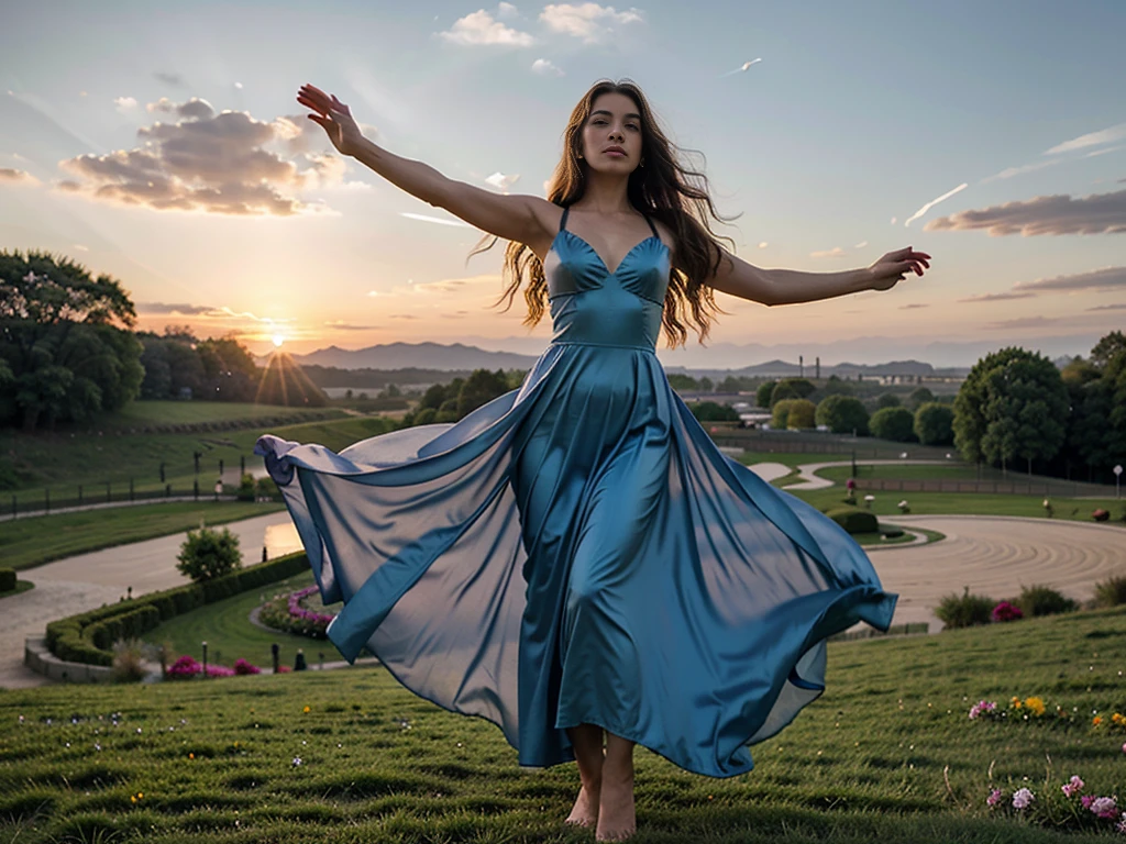 A majestic woman soaring gracefully through the sky, with long flowing hair trailing behind her. She wears an elegant, flowing gown that ripples in the wind, shimmering with shades of blue and silver. Her outstretched arms give the impression of freedom and strength, with perfect hands elegantly poised. Her body is anatomically perfect, exuding grace and beauty. The sky around her is a brilliant mix of sunset colors—orange, pink, and purple—casting a magical glow. Wispy clouds float around her, and the light from the setting sun highlights her serene, yet sad and melancholic expression, partially hidden behind a golden metal mask that covers part of her face, including part of her eyes. She flies over a lush medieval garden, filled with vibrant flowers and ancient stone pathways. The overall scene is ethereal and dreamlike, capturing a moment of pure liberation and beauty, while maintaining a SFW image.