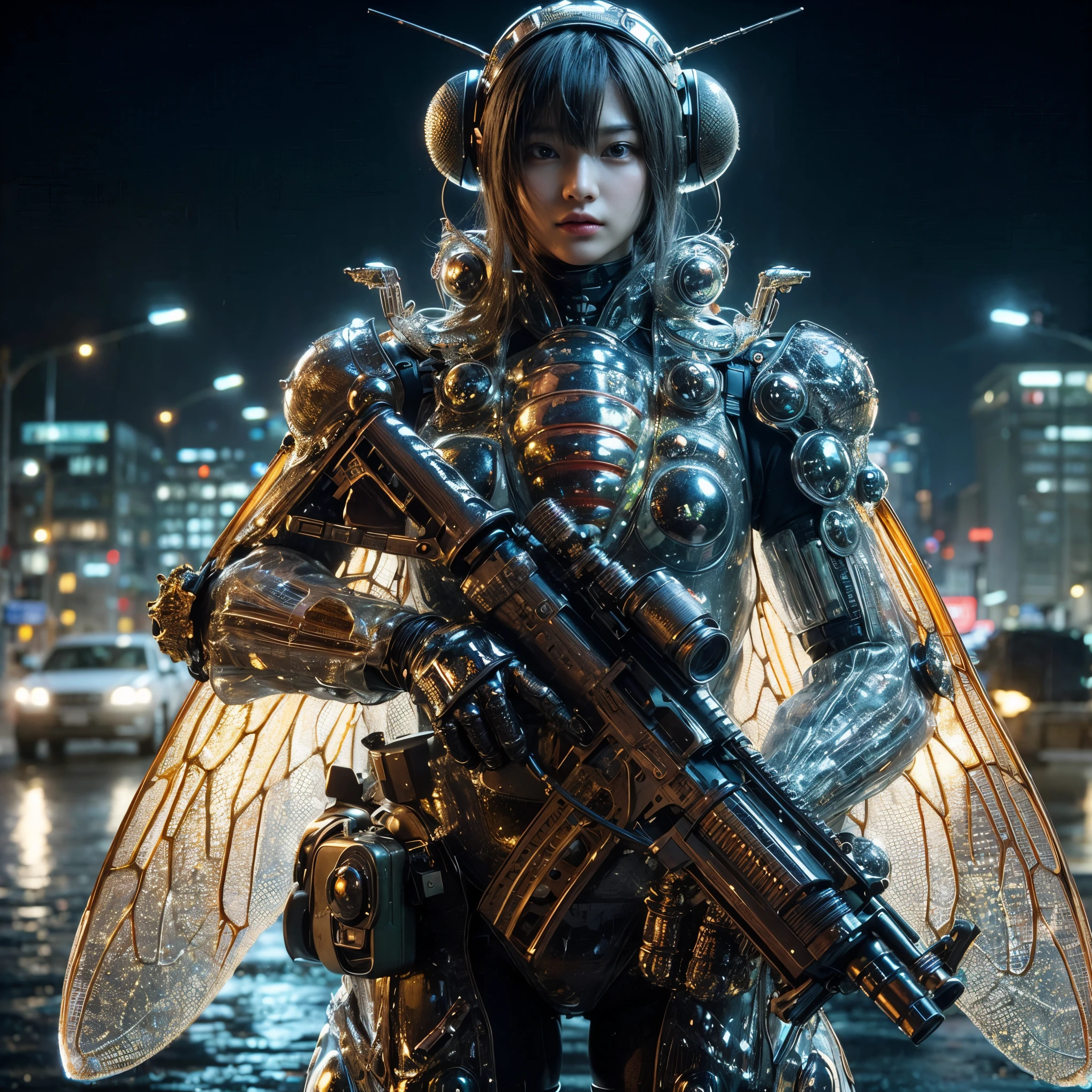 masterpiece、highest quality、(Extremely intricate details)、(Extremely realistic texture)、glossy Texture、A cicada-like bio-insect suit designed by Hajime Katoki、1 person、Ultra-realistic photos of beautiful female soldiers、Night view of the bayside industrial area、battle、Please generate at least 4 copies.