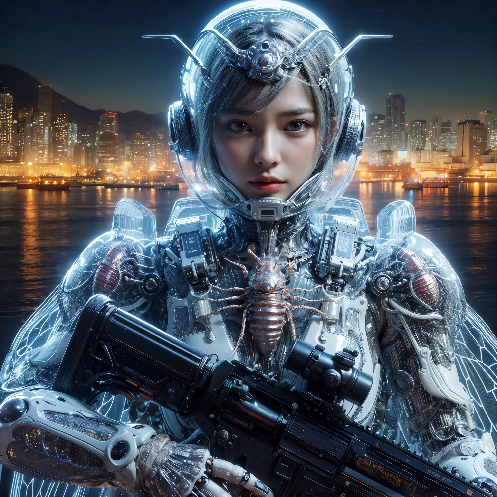 masterpiece、highest quality、(Extremely intricate details)、(Extremely realistic texture)、glossy Texture、A cicada-like bio-insect suit designed by Hajime Katoki、1 person、Ultra-realistic photos of beautiful female soldiers、Night view of the bayside industrial area、battle、Please generate at least 4 copies.