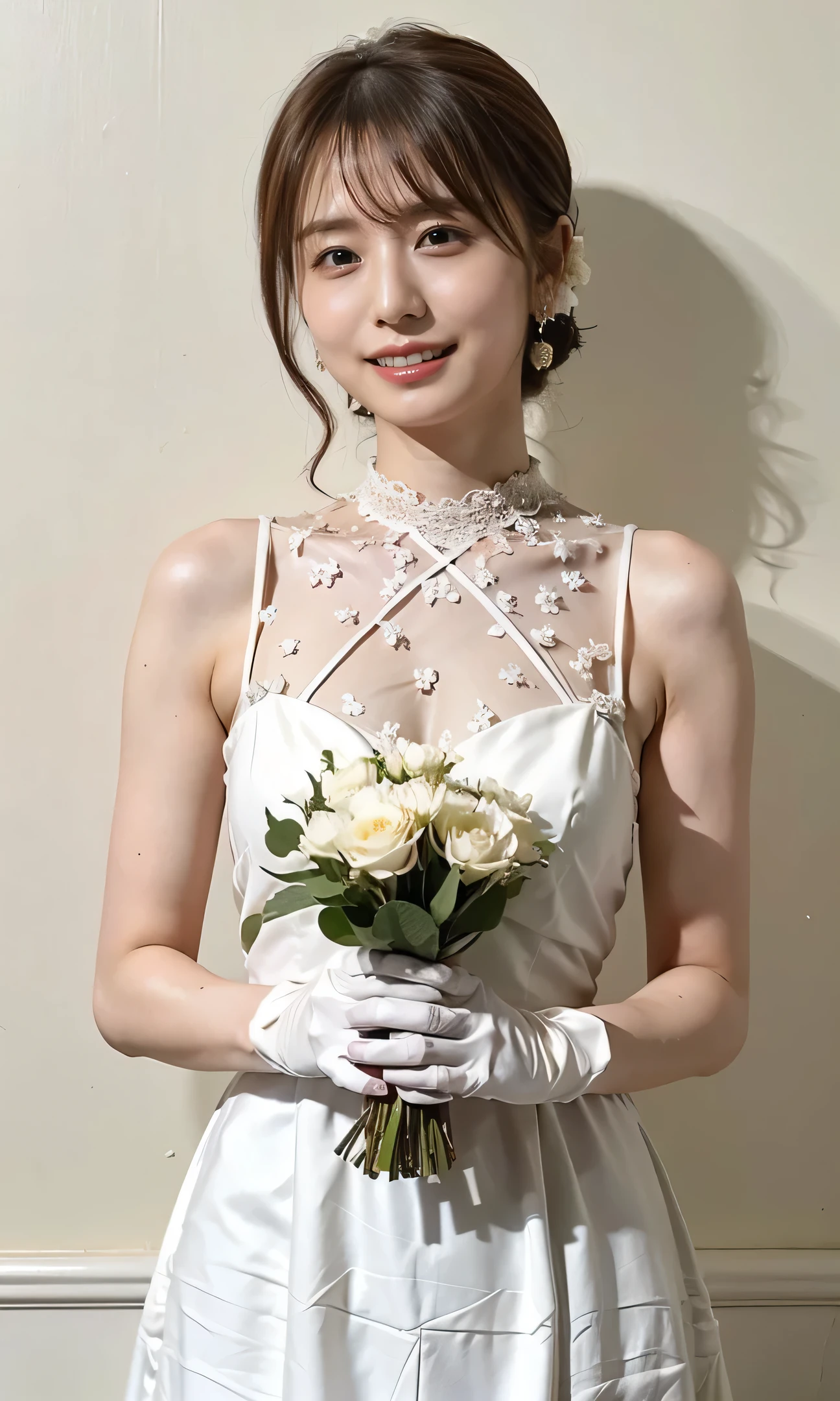 Flower Hair Ornaments、tiara、Please wear white lace gloves、Big smile、Holding a bouquet、A lovely smile、Gorgeous white silk dress with lace、Wonderful gardens、Colorful flowers々Blooming、White silk and shiny dress、Gorgeous and elegant white wedding dress、Braid only the front hair((wedding style:1.4))、Full body photo、smile、 Caustics、Highly detailed photos、Very beautiful ideal short hair、Big Breasts、Super no makeup、(8k、RAW Photos、highest quality、masterpiece:1.2)、(Realistic、Realistic)、1 girl、((Medium Short Hair、Looking into the camera:1.4))、