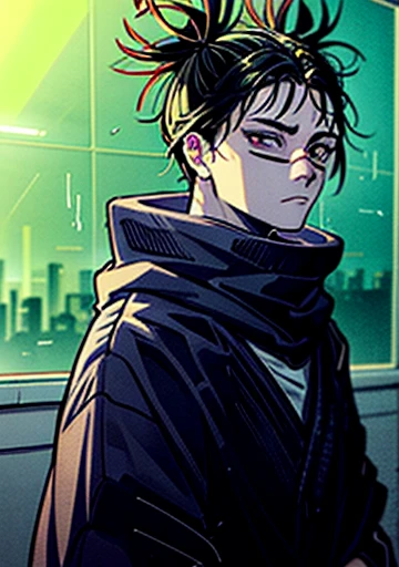 detailed intricate facial features, beautiful detailed eyes, beautiful illustration, 1 male, photorealism, dramatic pose, wind effect, focus on face, purple clothing, white long wide sleeve, looking at viewer, messy black hair, outdoor, shadows, second floor, old building, night, dark sky