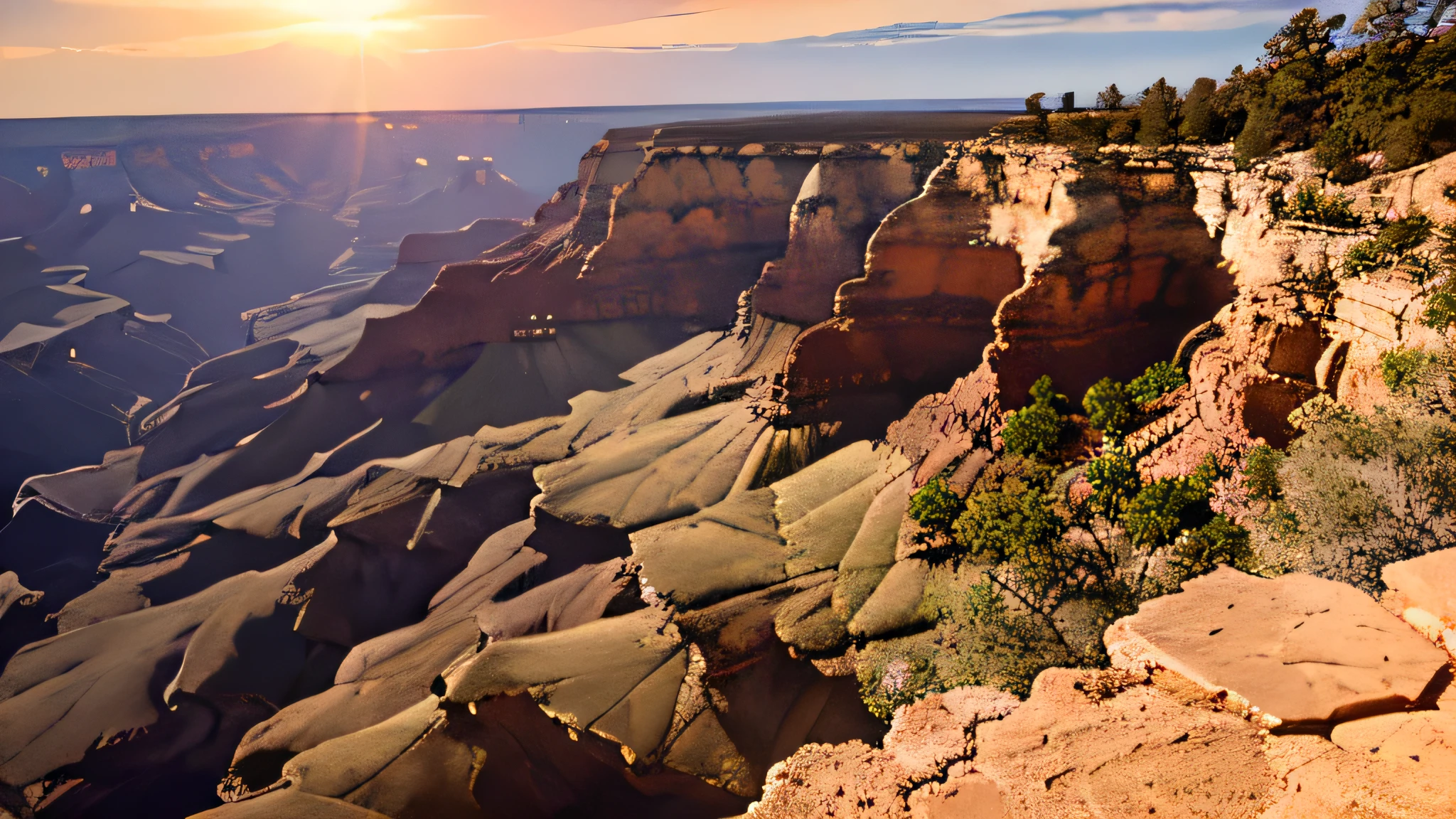 Advertising photo, panoramic wide angle shot, at grand canyon, full view, shoot from top of rock of plateau in front,  overlooking the mountain & valley, , enjoy the scene, 8k photorealistic,  8k photorealistic, in dawn with the sun just rise at far