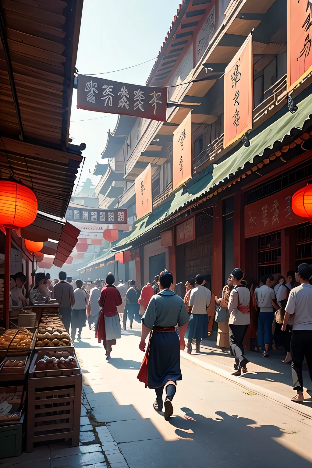 ancient chinese market,Chinese painting style,Scene graph,boisterous,people coming and going