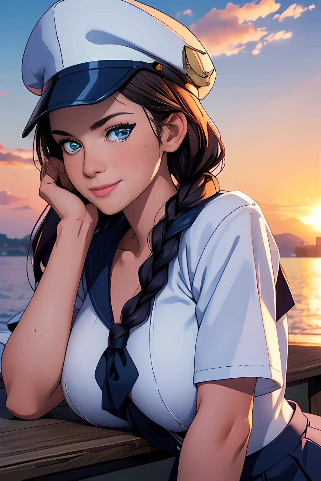 (High quality, High resolution, Fine details), Realistic, (navy), Sail ships, prow, Sunset, Sparkling water, white clouds, Solo, Slim woman, navy sailor hat, navy blue sailor uniform, Braided hair, Sparkling eyes, (Detailed eyes), Smile, Sweat, Oily skin, covered gigantic breasts, Hi3GB