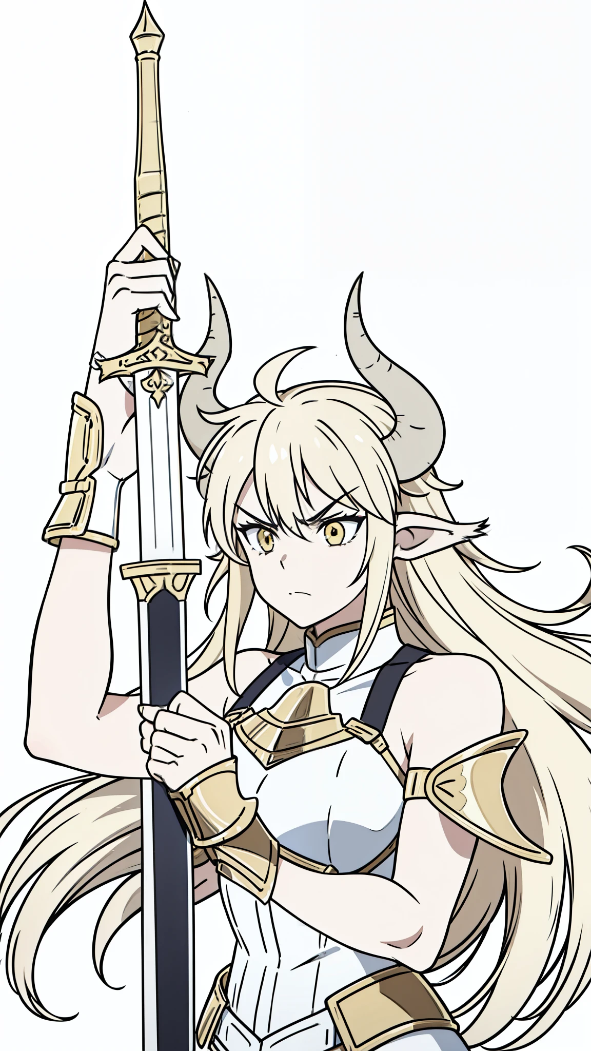 1girl,20 years old,solo,(white background,line drawing),long hair,light blond hair,horns,gold knight armor,sleeveless,bare shoulders,cow ears,angry,perfil,upper body,holding a sword
