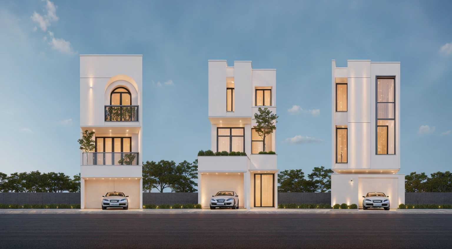 PLATFORM KTHOUSE, 1 morden WHITE house,1large yard, 1 road runs in front of the house, (RAW photo, real, best quality, masterpiece:1.2), look morden minimalist, 1 road in front of the house, dynamic lighting:1.3, (hyper realistic, photo-realistic:1.2), high quality, (dark lighting:1.2), perfect lighting, archdaily, no human, light at 12 noon, warm light in door:1.4, blue sky:1.3, shimering lighting:1.2