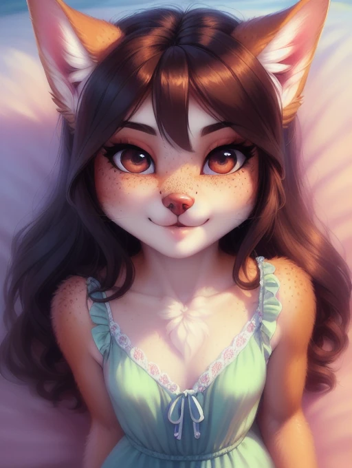 beautiful and detailed upper body portrait , ((young anthro domistic dog)), anatomically correct, Schlank, Hochgeladen E621, detailed flauschige fur, (von Fluff-Kevlar, Iskra, personalami, Pino Daeni), 1girl, cute blouse, adorable, bed, 1girl, realistic, ultra sharp image, view from above, (solo), highly detailed, first person view, masterpiece, lying on her back, beautiful hair, flat chest, dark hair, perfect eyes, absurd resolution, cute snout, waiting, freckles , eyelashes, (kissy face), (Kissing mouth), first kiss, very young girl, detailed facial features, sharp focus, selfie, (full body 1:2), fluffy tail,