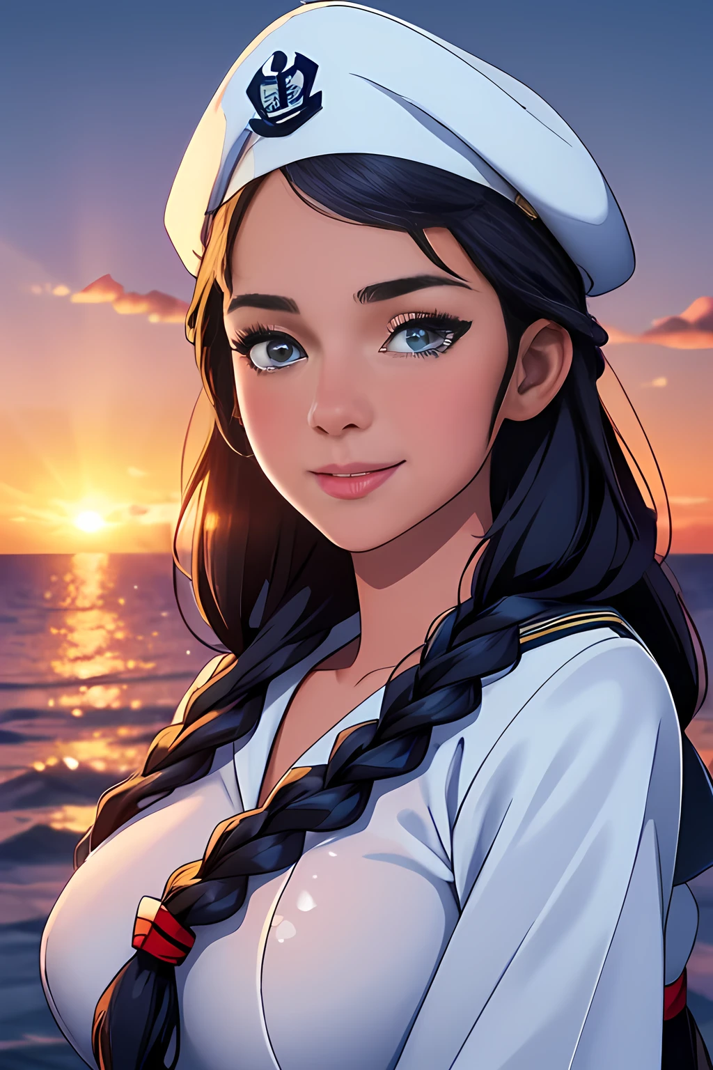 (High quality, High resolution, Fine details), Realistic, (navy), Sail ships, prow, Sunset, Sparkling water, white clouds, Solo, Slim woman, navy sailor hat, navy blue sailor uniform, Braided hair, Sparkling eyes, (Detailed eyes), Smile, Sweat, Oily skin, covered gigantic breasts, Hi3GB