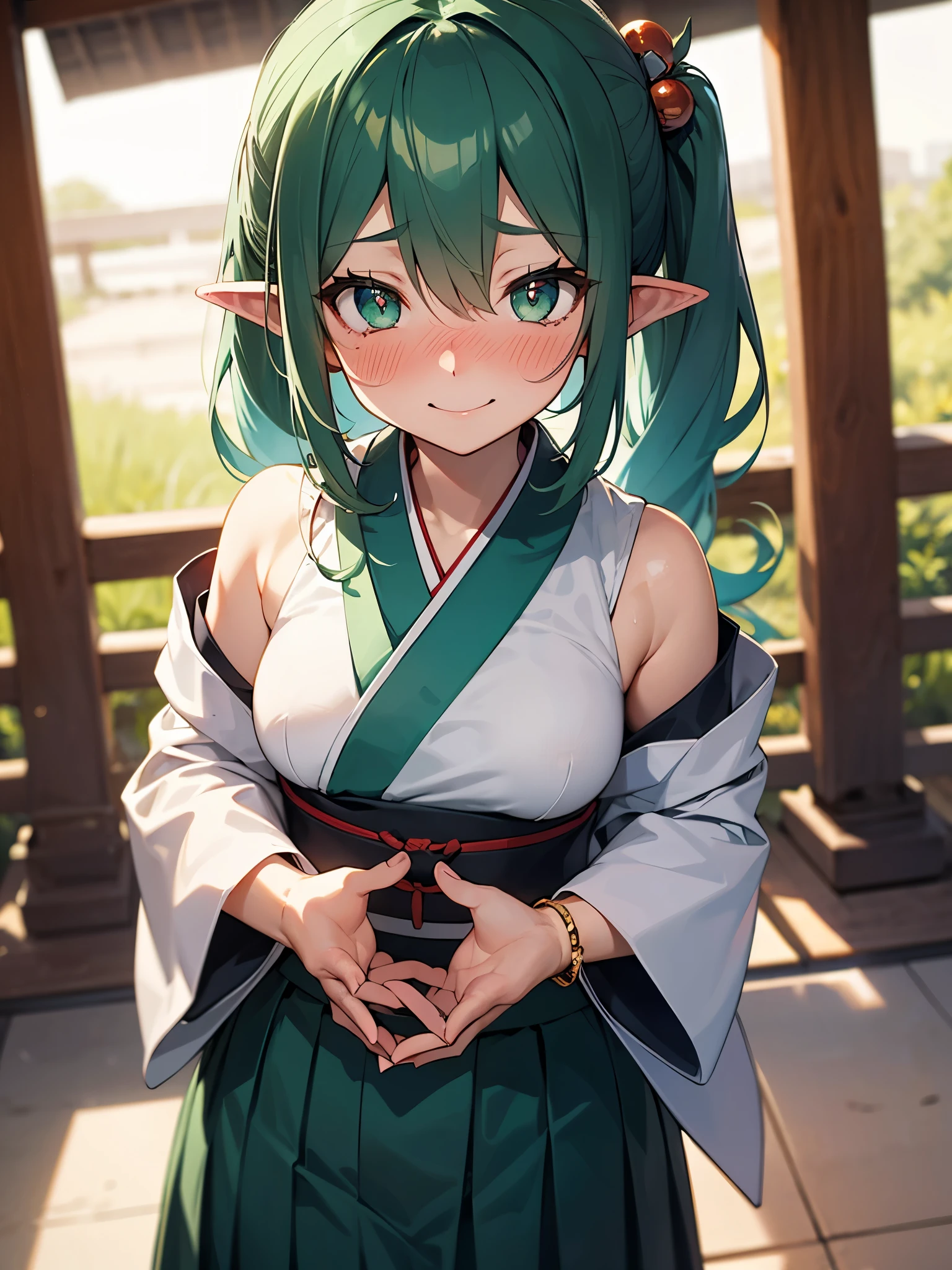 NSFW,Long Hair、Green Eyes、bangs、Pointed Ears、hair ornaments、White Hair、Symbol-shaped pupil、Multicolored Hair、Side Ponytail、Gradient Hair、Green Hair、Hair between the eyes、Cross-shaped pupil、smile、gem、葉っぱのhair ornaments、bracelet,Shrine maiden、kimono、Sleeveless,Hakama Short Skirt,(Sunburn:1.5),(Perfect hands),(Perfect Anatomy),(masterpiece),(highest quality),(Embarrassed:1.5),blush,Shy laugh,shrine,torii,Japanese style