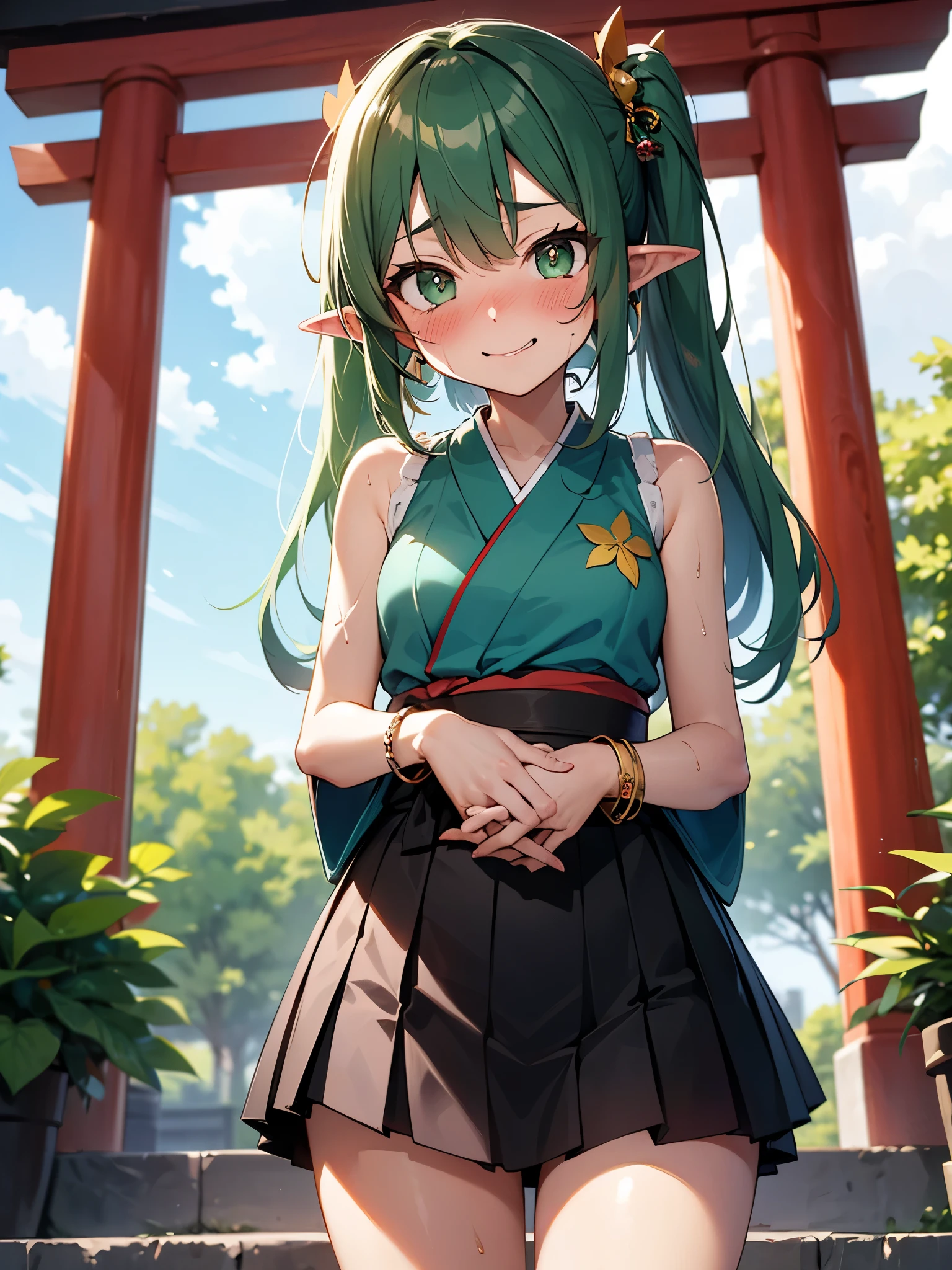 NSFW,Long Hair、Green Eyes、bangs、Pointed Ears、hair ornaments、White Hair、Symbol-shaped pupil、Multicolored Hair、Side Ponytail、Gradient Hair、Green Hair、Hair between the eyes、Cross-shaped pupil、smile、gem、葉っぱのhair ornaments、bracelet,Shrine maiden、kimono、Sleeveless,Hakama Short Skirt,(Sunburn:1.5),(Perfect hands),(Perfect Anatomy),(masterpiece),(highest quality),(Embarrassed:1.5),blush,Shy laugh,shrine,torii,Japanese style