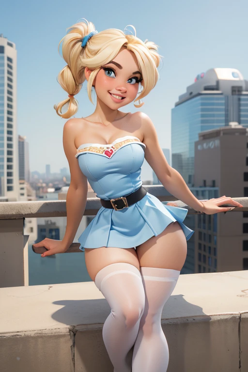 (masterpiece), best quality, expressive eyes, perfect face, (city background), (posing), (big smile), (closeup view), (1girl, age 18+, Belle Delphine, fair skin, blonde hair, short hair with pigtails, pigtail hairstyle, blue eyes, hourglass figure, thin body, skinny body, petite_body, small breasts, wide hips, thick thighs), (tight fit, light_blue bodycon minidress, sleeveless, strapless, black waist belt, white stockings),