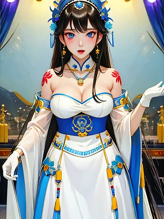 Sagisawa Fumika, 1 Girl, Solitary, watch, pendant watch, blue eyes, breast, Gloves, Headdress, skirt, long hair, cleveage, looking at the audience, white Gloves, Bare shoulders, open mouth, large breast, Strapless, Necklace, blush, white skirt, Black Hair, brown hair, Hair between the eyes, Strapless skirt, clavicle, Smile, Bangs, on stage,Koi tattoo on body