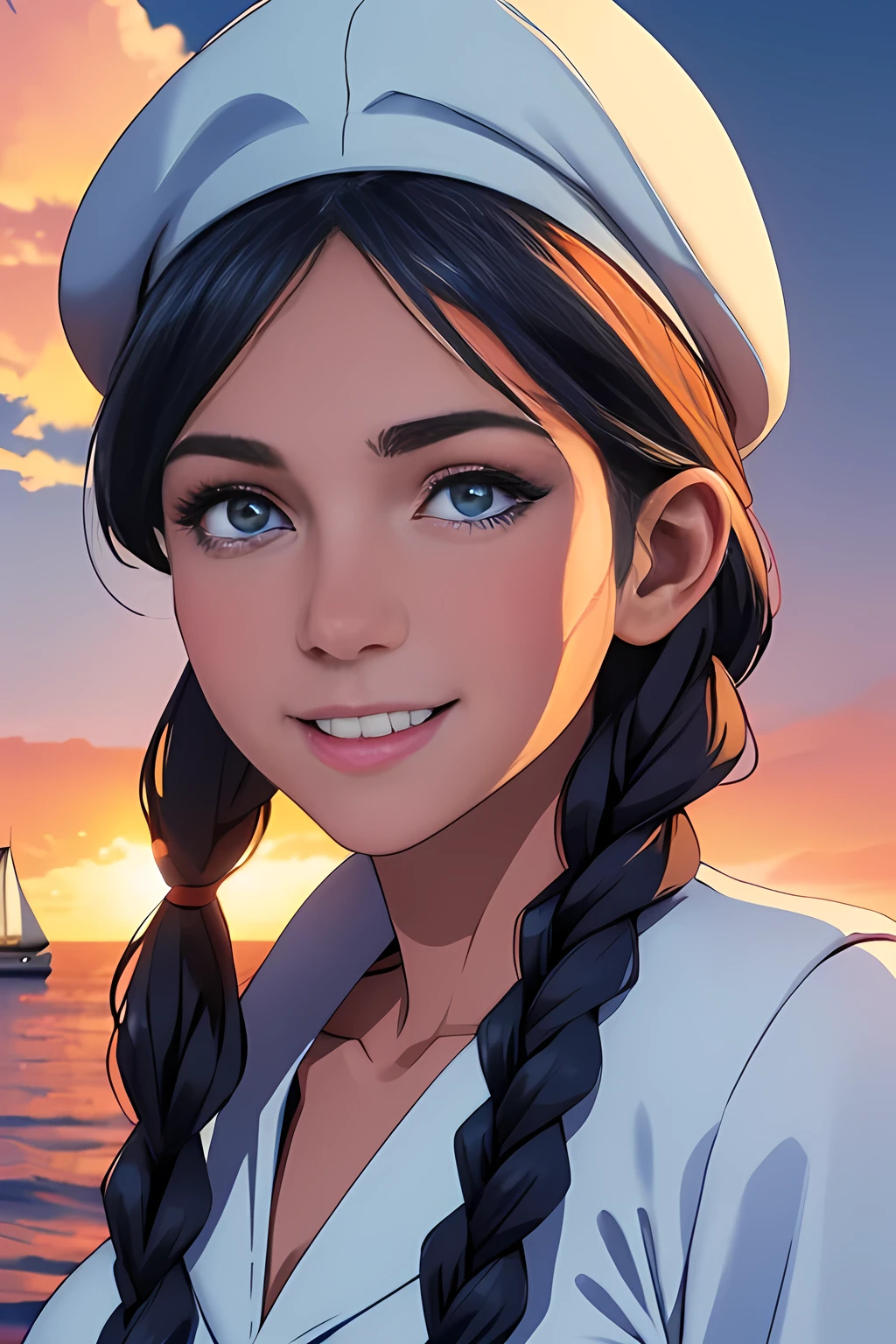 (High quality, High resolution, Fine details), Realistic, (navy), Sail ships, prow, Sunset, Sparkling water, white clouds, Solo, Slim woman, navy sailor hat, navy blue sailor uniform, Braided hair, Sparkling eyes, (Detailed eyes), Smile, Sweat, Oily skin, covered gigantic breasts, Hi3GB